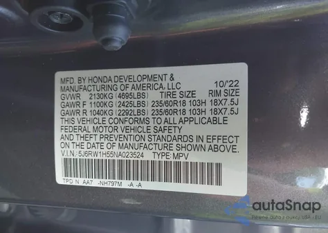 2022 Honda Cr-V 2Wd Ex из США, поврежденный, VIN 5J6RW1H55NA023524